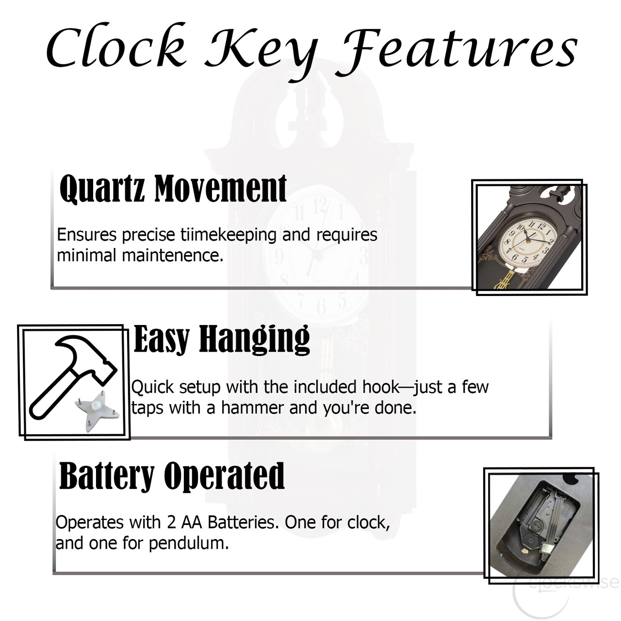 Clockswise Vintage Grandfather Wood-Looking Plastic Pendulum Decorative Battery Operated Wall Clock Brown, for Office, Home Decor, Living Room, Kitchen, or Dining Room